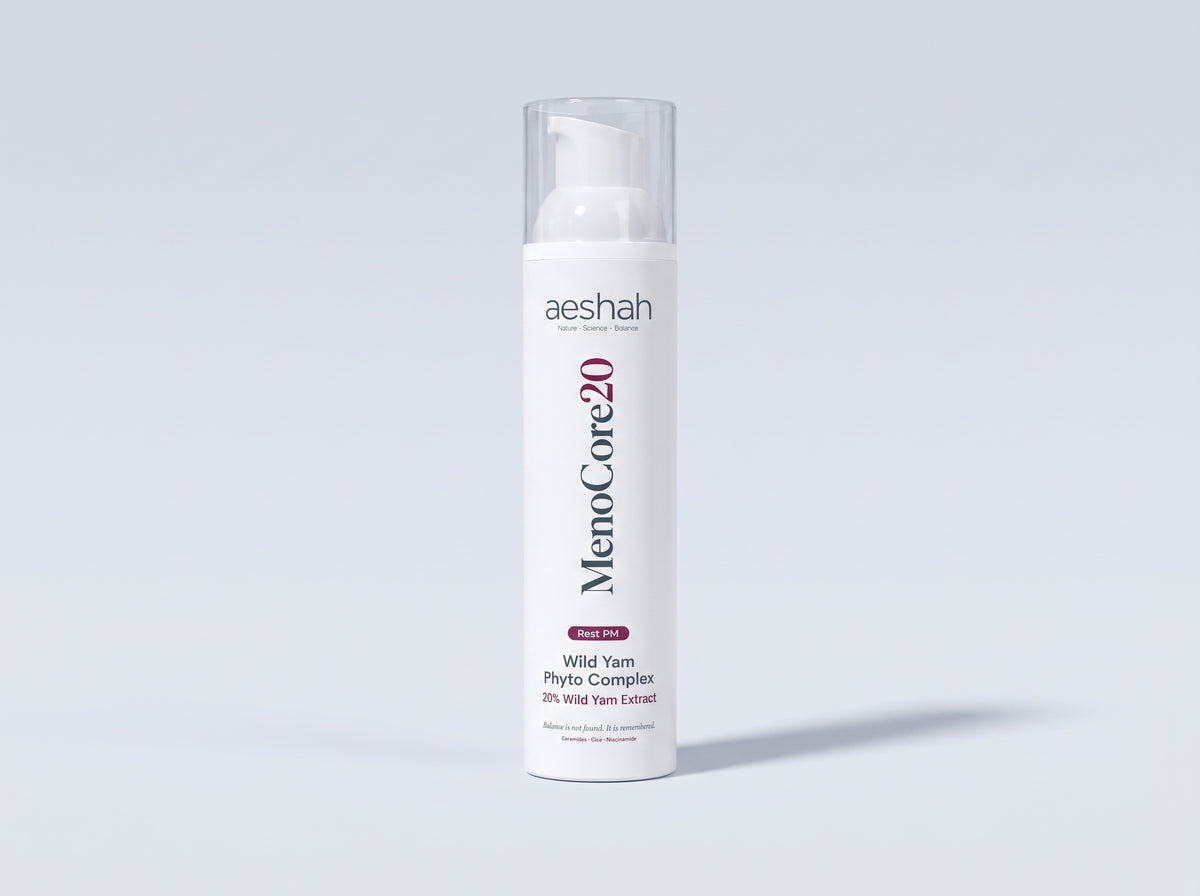 MenoCore 20 airless-pump packaging concept on a pearl-grey studio background
