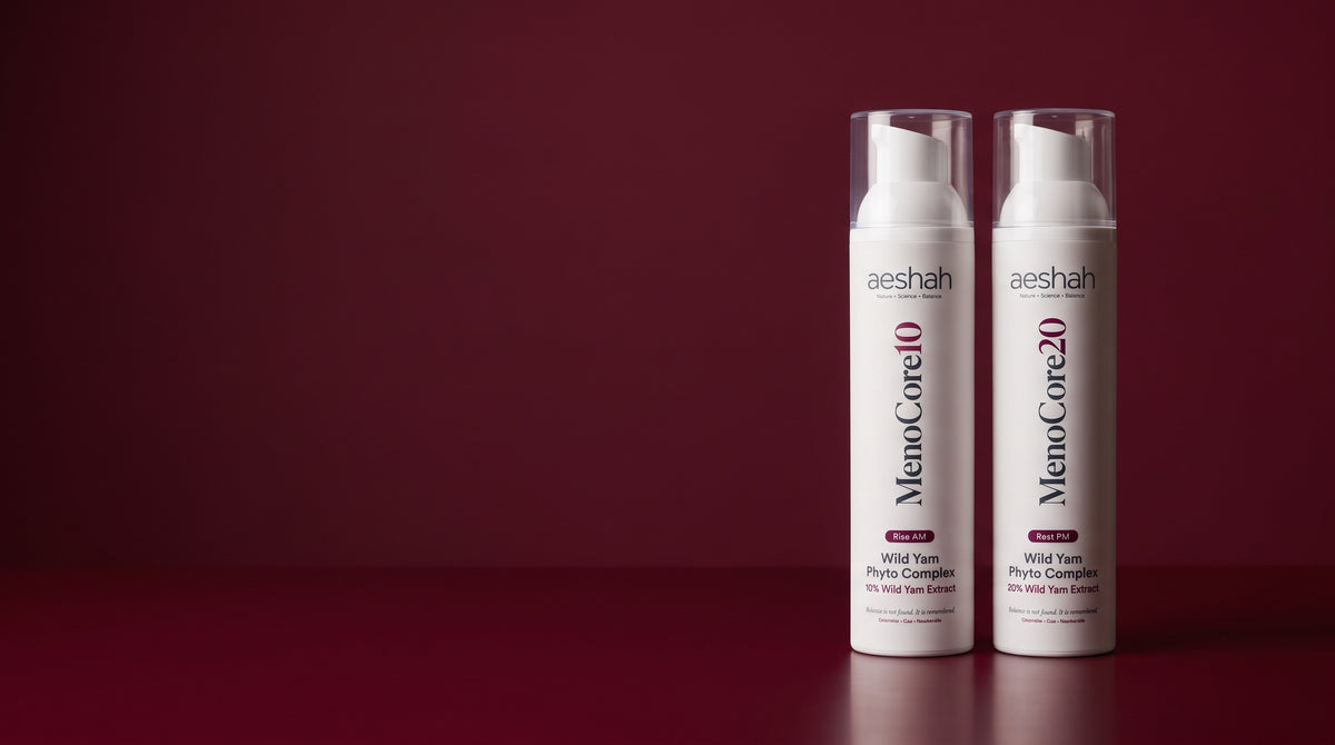 MenoCore 10 and MenoCore 20 packaging concepts against a burgundy studio backdrop